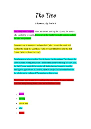 The Tree
                           A Summary by Grade 4



This story was a tragedy about a tree that held up the sky and the people
who wanted to protect it. It was set in the rainforest and it showed us both
the past and present.


The main characters were the Great One (who created the earth and
planted the tree), the Guardians (who protected the tree) and the Bad
People (who cut down the tree).


The climax was when the Bad People fought the Guardians. They fought for
a few reasons. Firstly, they didn’t believe that the tree held up the sky. Also,
the Bad People wanted the tree to sell its timber and to use its land for
mining and agriculture. In the end, the Bad People cut down the tree and
the whole world collapsed. The earth was destroyed.


The message was to save trees and care for our planet. It was a warning
that if we keep cutting down trees we will kill our earth.




      genre

      setting

      characters

      plot

      theme
 