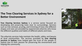 The Tree Clearing Services in Sydney for a
Better Environment
Tree Clearing Services Sydney is a service sector focused on
developing and preserving trees near its surroundings. Services
such as tree removal, pruning, and trimming of trees into different
shapes and sizes are provided by experienced arborists who know
the different qualities and habits of different plants and trees.
The arborists services help maintain the health, safety, and beauty
of local communities. The services provided by tree clearing
services in Sydney have helped gain the trust of the people in
Sydney due to their passion for preserving the environment and
helping the community.
 