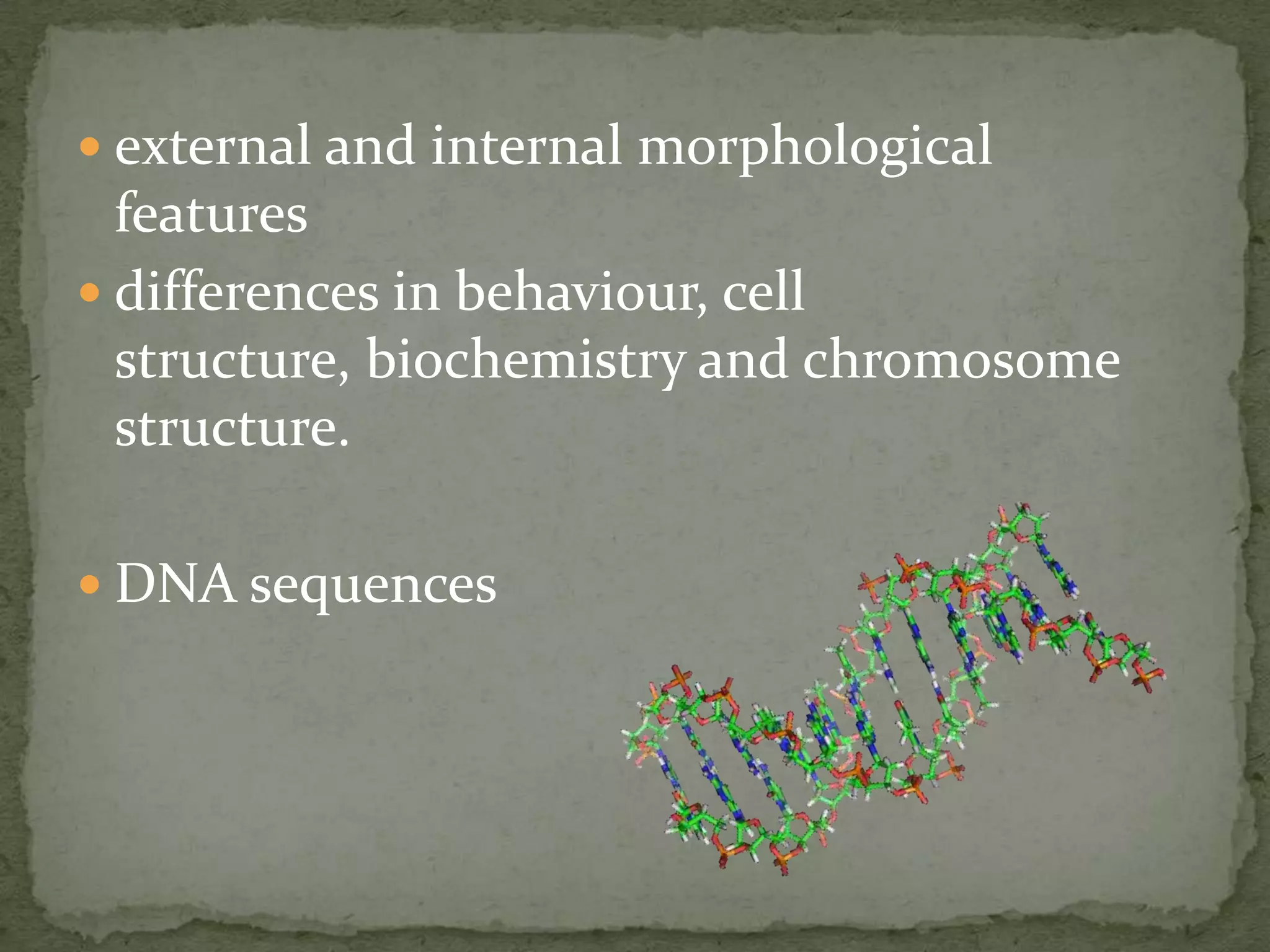  external and internal morphological
  features
 differences in behaviour, cell
  structure, biochemistry and chromosome
  structure.

 DNA sequences
 