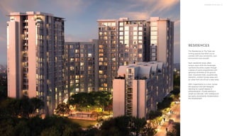 RESIDENCES AT THE TREES | 37
The Residences at The Trees are
inviting spaces that allow you to
connect with your community, your
environment and yourself.
Each residential tower offers
unique views while the landscape
connects the entire cluster through
a series of courts programmed with
generous amenities at the ground
level. Courtyard trails, sculpted play
elements, outdoor lounge areas and
an urban farm are all just a step away.
With 3 apartments to a core, homes
are spacious and well designed
allowing for a great degree of
personalization. Private parking is
ample but discreet, with underground
car parks conveniently located below
the development.
RESIDENCES
 