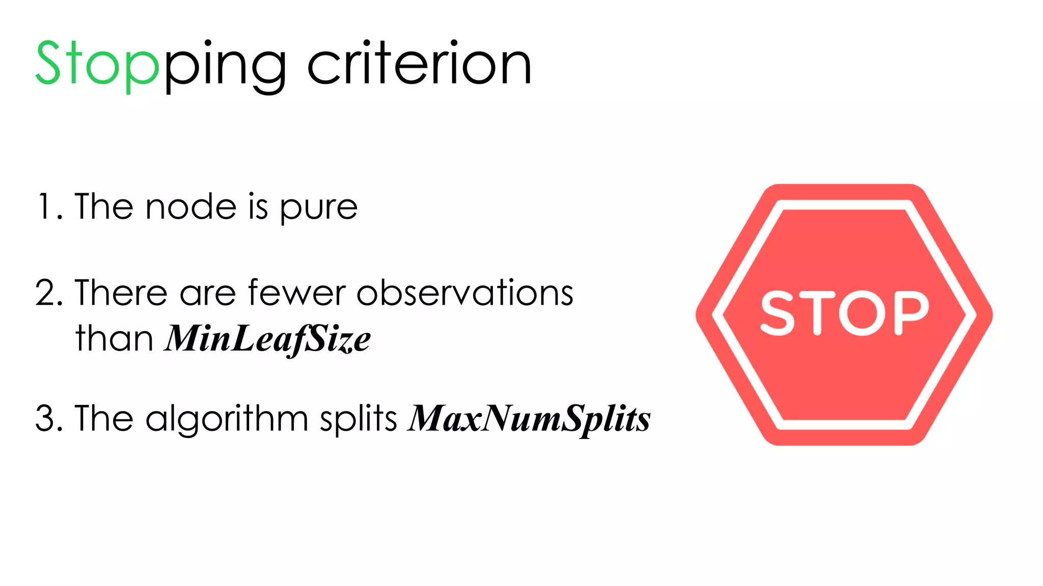 Stopping criterion
1. The node is pure
2. There are fewer observations
than MinLeafSize
3. The algorithm splits MaxNumSplits
 