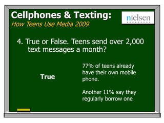 Cellphones & Texting:
How Teens Use Media 2009

 4. True or False. Teens send over 2,000
     text messages a month?

                      77% of teens already
                      have their own mobile
         True         phone.

                      Another 11% say they
                      regularly borrow one
 