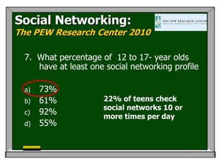Social Networking:
The PEW Research Center 2010

  7. What percentage of 12 to 17- year olds
     have at least one social networking profile

  a)   73%
  b)   61%            22% of teens check
                      social networks 10 or
  c)   92%
                      more times per day
  d)   55%
 