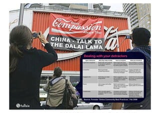 Dealing with your detractors




Source: Forester ‘Online Community Best Practices’, Feb 2008


                                                               26
 