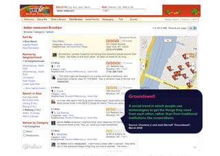 Groundswell

A social trend in which people use
technologies to get the things they need
from each other, rather than from traditional
institutions like corporations.

Source: Charlene Li and Josh Bernoff ‘Groundswell’,
March 2008




                                                      38
 