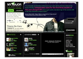 "In a dramatic acceleration of the seven-year sales decline that has battered the
music industry, compact-disc sales for the first three months of
this year plunged 20% from a year earlier, the latest sign of the seismic shift
in the way consumers acquire music."

Source: Ethan Smith, "Sales of Music, Long in Decline, Plunge Sharply"
The Wall Street Journal Online, March 21, 2007




                                                                                    61
 