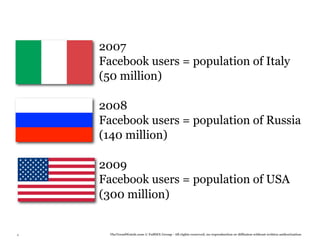 2007
    Facebook users = population of Italy
    (50 million)

    2008
    Facebook users = population of Russia
    (140 million)

    2009
    Facebook users = population of USA
    (300 million)


4     TheTrendWatch.com © FullSIX Group - All rights reserved, no reproduction or diffusion without written authorization
 