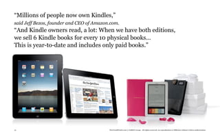 “Millions of people now own Kindles,”
said Jeff Bezos, founder and CEO of Amazon.com.
“And Kindle owners read, a lot: When we have both editions,
we sell 6 Kindle books for every 10 physical books…
This is year-to-date and includes only paid books.”




31                                        TheTrendWatch.com © FullSIX Group - All rights reserved, no reproduction or diffusion without written authorization
 