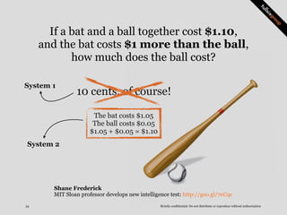 The bat costs $1.05
The ball costs $0.05
$1.05 + $0.05 = $1.10
10 cents, of course!
System 1
System 2
Strictly confidentia...