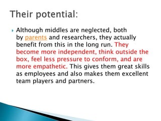  Although middles are neglected, both
by parents and researchers, they actually
benefit from this in the long run. They
become more independent, think outside the
box, feel less pressure to conform, and are
more empathetic. This gives them great skills
as employees and also makes them excellent
team players and partners.
 