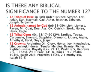  12 Tribes of Israel in Birth Order: Reuben, Simeon, Levi,
Judah, Dan, Naphtali, Gad, Asher, Issachar, Zebulun,
Joseph, Benjamin
 12 Animals named by God (Job 38-39): Lion, Lioness,
Raven, Mt. Goat, Doe, Ass, Ox, Ostrich, Stork, Horse,
Hawk, Eagle
 12 Tribal Gems (Ex. 28:17-20 KJV): Sardius, Topaz,
Carbuncle, Emerald, Sapphire, Diamond, Ligure, Agate,
Amethyst, Beryl, Onyx, Jasper
 12 Crowns: Anointing Oil, Glory, Honor, Joy, Knowledge,
Life, Lovingkindness, Tender Mercies, Beauty, Riches,
Righteousness, Royalty (Lev. 21:12, Psalm 8:5, Hebrews
2:9, 1 Thess. 2:19, Prov. 14:18, James 1:12, Psalm
103:4, Isaiah 28:5, Proverbs 14:24, 2 Timothy 4:8,
Isaiah 62:3)
 