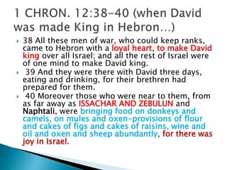  38 All these men of war, who could keep ranks,
came to Hebron with a loyal heart, to make David
king over all Israel; and all the rest of Israel were
of one mind to make David king.
 39 And they were there with David three days,
eating and drinking, for their brethren had
prepared for them.
 40 Moreover those who were near to them, from
as far away as ISSACHAR AND ZEBULUN and
Naphtali, were bringing food on donkeys and
camels, on mules and oxen-provisions of flour
and cakes of figs and cakes of raisins, wine and
oil and oxen and sheep abundantly, for there was
joy in Israel.
 