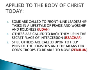 1. SOME ARE CALLED TO FRONT-LINE LEADERSHIP
TASKS IN A LIFESTYLE OF PRAISE AND WORSHIP
AND BOLDNESS (JUDAH)
2. OTHERS ARE CALLED TO BACK THEM UP IN THE
SECRET PLACE OF INTERCESSION (ISSACHAR)
3. STILL OTHERS ARE CALLED UPON TO HELP
PROVIDE THE LOGISTICS AND THE MEANS FOR
GOD’S TROOPS TO BE ABLE TO MOVE (ZEBULUN)
 