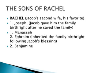  RACHEL (Jacob's second wife, his favorite)
 1. Joseph, (Jacob gave him the family
birthright after he saved the family)
 1. Manasseh
2. Ephraim (Inherited the family birthright
following Jacob's blessing)
 2. Benjamine
 