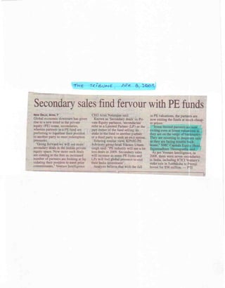The Tribune Apr 7, 2009 Secondary Sales Find Fervour With PE Players