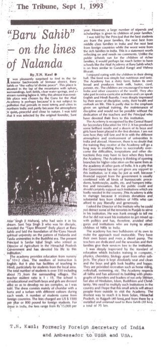 "Baru Sahib" - on the lines of Nalanda: Article by TN Kaul in The Tribune, Sept 1, 1993