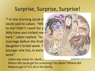 Surprise, Surprise, Surprise!
25 In the morning Jacob discovered it was Leah! So
Jacob said to Laban, “What in the world have you done
to me! Didn’t I work for you in exchange for Rachel?
Why have you tricked me?” 26 “It is not our custom
here,” Laban replied, “to give the younger daughter in
marriage before the firstborn. 27 Complete my older
daughter’s bridal week. Then we will give you the
younger one too, in exchange for seven more years of
work.”
Laban was mean to: Jacob, Leah, and Rachel.
Where did Jacob get his scheming? His Mom? Where did
Rebecca get it? It’s all in the family.
 