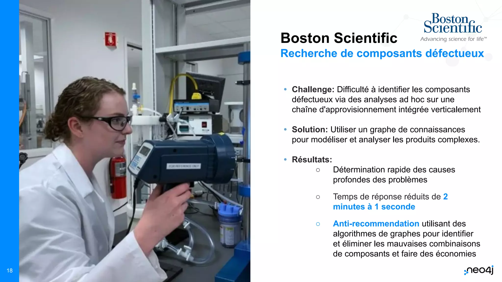 Neo4j, Inc. All rights reserved 2021
18
• Challenge: Difficulté à identifier les composants
défectueux via des analyses ad hoc sur une
chaîne d'approvisionnement intégrée verticalement
• Solution: Utiliser un graphe de connaissances
pour modéliser et analyser les produits complexes.
• Résultats:
○ Détermination rapide des causes
profondes des problèmes
○ Temps de réponse réduits de 2
minutes à 1 seconde
○ Anti-recommendation utilisant des
algorithmes de graphes pour identifier
et éliminer les mauvaises combinaisons
de composants et faire des économies
Boston Scientific
Recherche de composants défectueux
 
