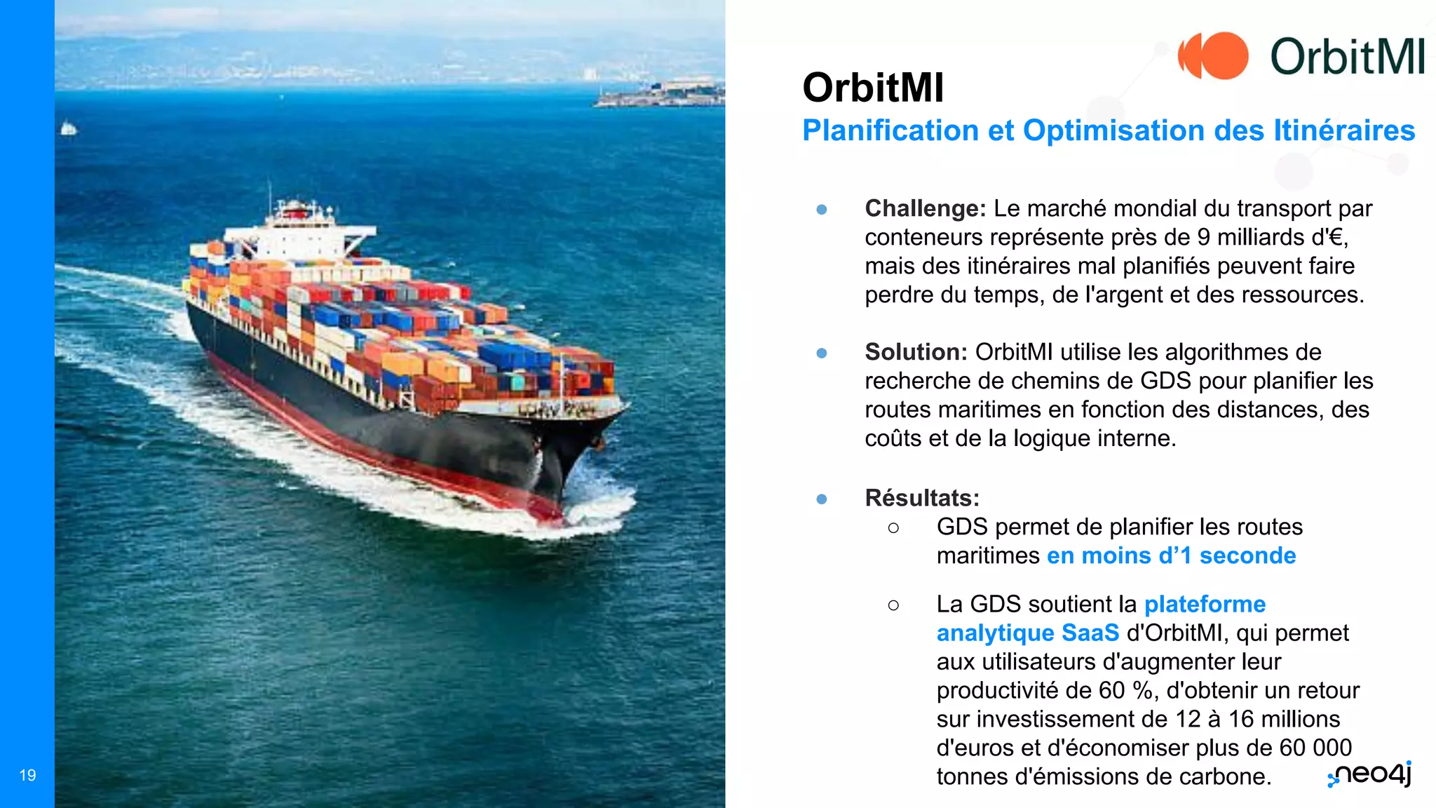 Neo4j, Inc. All rights reserved 2021
19
● Challenge: Le marché mondial du transport par
conteneurs représente près de 9 milliards d'€,
mais des itinéraires mal planifiés peuvent faire
perdre du temps, de l'argent et des ressources.
● Solution: OrbitMI utilise les algorithmes de
recherche de chemins de GDS pour planifier les
routes maritimes en fonction des distances, des
coûts et de la logique interne.
● Résultats:
○ GDS permet de planifier les routes
maritimes en moins d’1 seconde
○ La GDS soutient la plateforme
analytique SaaS d'OrbitMI, qui permet
aux utilisateurs d'augmenter leur
productivité de 60 %, d'obtenir un retour
sur investissement de 12 à 16 millions
d'euros et d'économiser plus de 60 000
tonnes d'émissions de carbone.
OrbitMI
Planification et Optimisation des Itinéraires
 