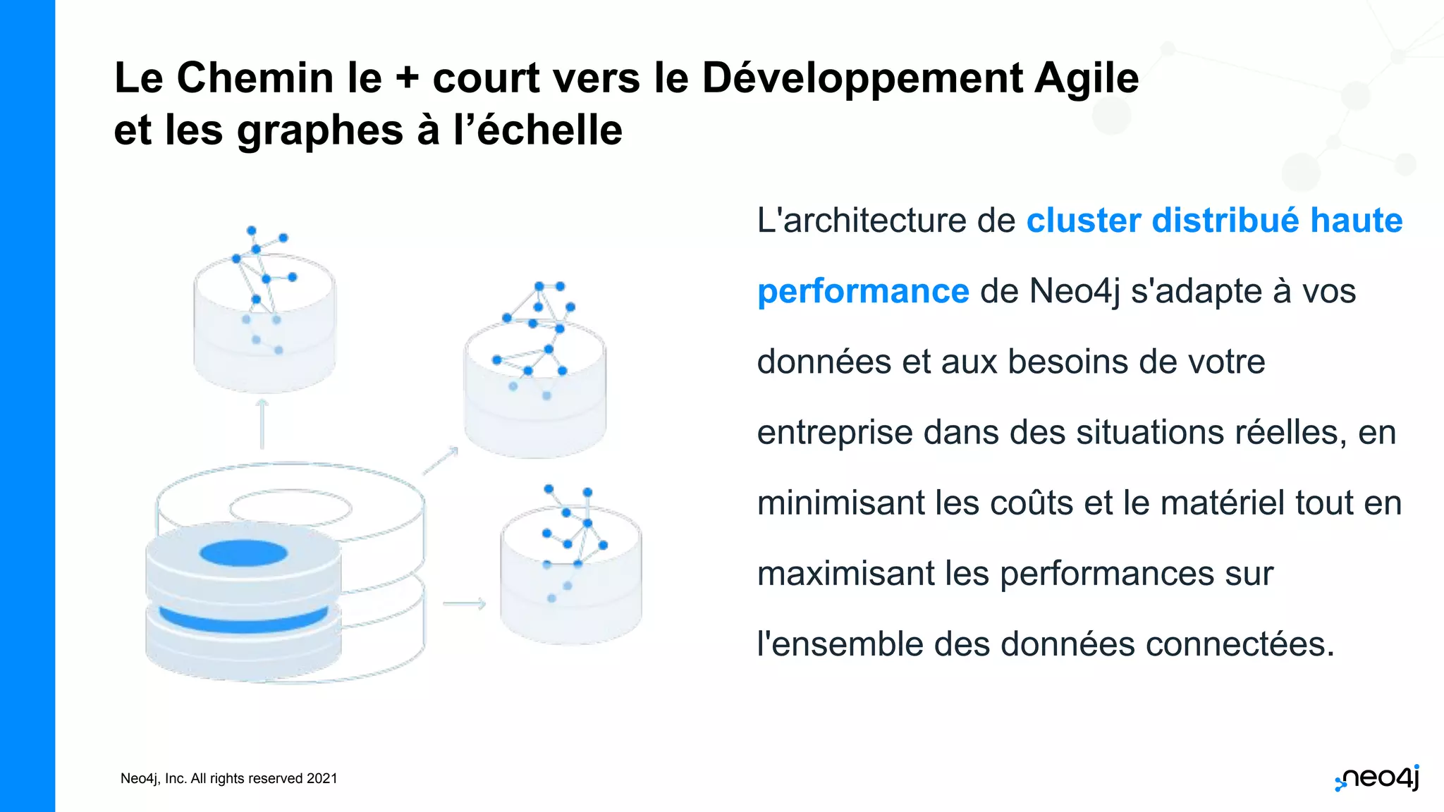 Neo4j, Inc. All rights reserved 2021
L'architecture de cluster distribué haute
performance de Neo4j s'adapte à vos
données et aux besoins de votre
entreprise dans des situations réelles, en
minimisant les coûts et le matériel tout en
maximisant les performances sur
l'ensemble des données connectées.
Le Chemin le + court vers le Développement Agile
et les graphes à l’échelle
 