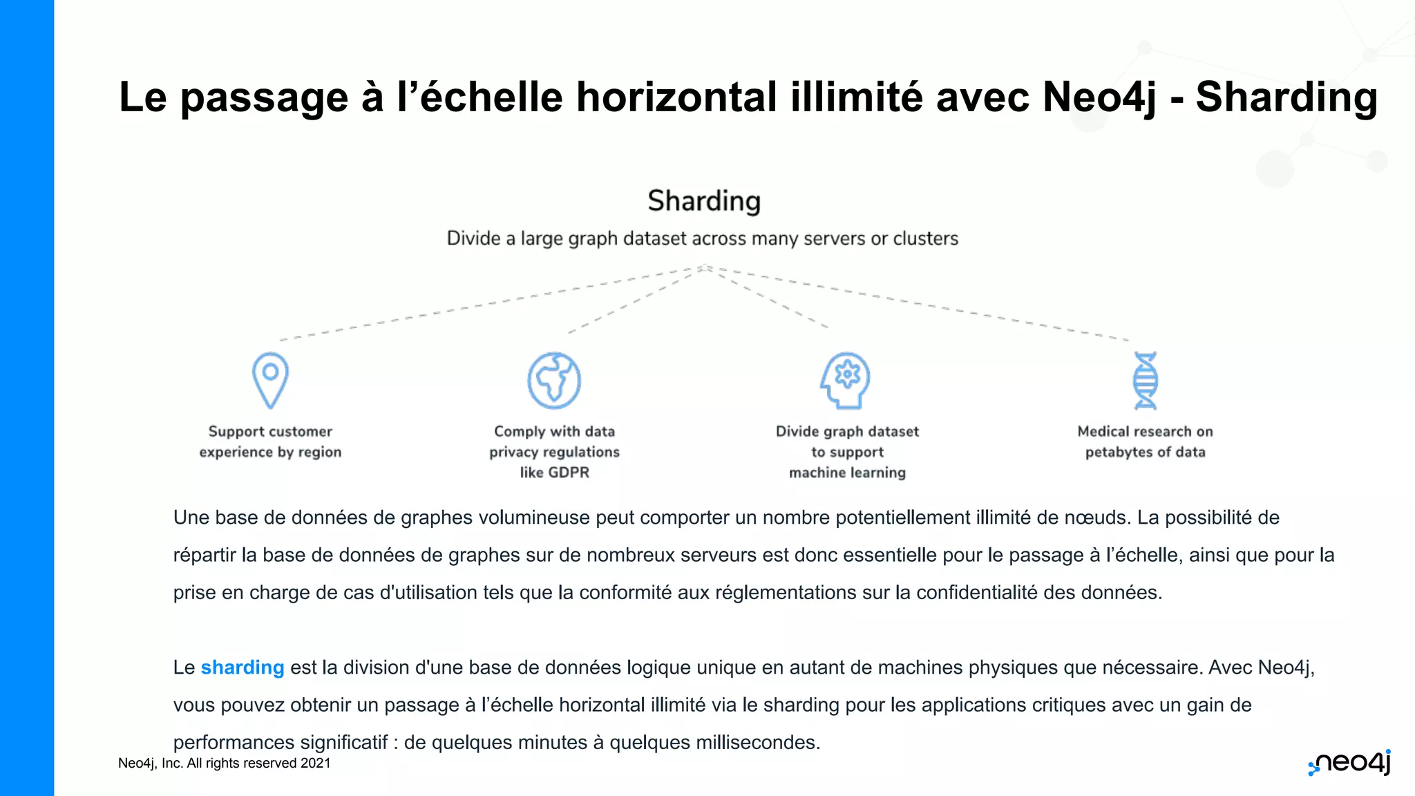 Neo4j, Inc. All rights reserved 2021
Le passage à l’échelle horizontal illimité avec Neo4j - Sharding
Une base de données de graphes volumineuse peut comporter un nombre potentiellement illimité de nœuds. La possibilité de
répartir la base de données de graphes sur de nombreux serveurs est donc essentielle pour le passage à l’échelle, ainsi que pour la
prise en charge de cas d'utilisation tels que la conformité aux réglementations sur la confidentialité des données.
Le sharding est la division d'une base de données logique unique en autant de machines physiques que nécessaire. Avec Neo4j,
vous pouvez obtenir un passage à l’échelle horizontal illimité via le sharding pour les applications critiques avec un gain de
performances significatif : de quelques minutes à quelques millisecondes.
 
