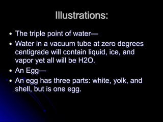 Illustrations:
● The triple point of water—
● Water in a vacuum tube at zero degrees
centigrade will contain liquid, ice, and
vapor yet all will be H2O.
● An Egg—
● An egg has three parts: white, yolk, and
shell, but is one egg.
 