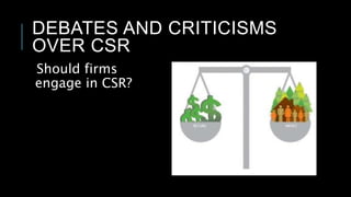 DEBATES AND CRITICISMS
OVER CSR
Should firms
engage in CSR?
 