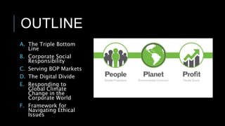 OUTLINE
A. The Triple Bottom
Line
B. Corporate Social
Responsibility
C. Serving BOP Markets
D. The Digital Divide
E. Responding to
Global Climate
Change in the
Corporate World
F. Framework for
Navigating Ethical
Issues
 