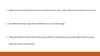 1. Market has three well defined movements which fit into each other – Daily, thirty to forty days & four to six years
2. Book Method: Narrow ranges refer to distribution or accumulation stages
3. Theory of double top: When stock reaches at top it declines moderately to go up further higher. If keep on going
down then it goes distinctly down.
 