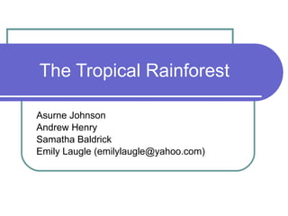 The Tropical Rainforest Asurne Johnson Andrew Henry Samatha Baldrick  Emily Laugle (emilylaugle@yahoo.com) 