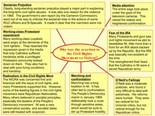 Why was the reaction to the Civil Rights Movement so Violent? Media attention The entire saga took place under the gaze of the television cameras.  This raised the stakes and heightened confrontation. Fear of the IRA Many Protestants and govt saw civil rights movement as plot to destabilise NI, little more than a front for an IRA attack backed up by the Republic. But the IRA was basically non-existent at the time. This strengthened their fears that the Catholics in NI were a secret Republican army. O’Neill’s Failings O’Neill was a moderate politician, who found it very difficult to deal with extremists.  His reforms were hurried.  They were too radical for his Unionist critics, but not radical enough for his Republican critics. Marching and confrontation Marching has a long tradition in NI.  It has often led to confrontation.  The People’s Democracy march in January 1969 deliberately took a route through sensitive areas, which would be sure to stir up Protestant hostility. Radicalism in the Civil Rights Movt The NICRA was concerned first and foremost with the issue of civil rights, and many Protestants supported this.  However, some of the leading figures in the civil rights movement were Republican Nationalists.  Many others believed in socialist principles, especially the leaders of the People’s Democracy movement.  NI was a very conservative society, and socialist ideas were still treated with suspicion. Sectarian Prejudice Clearly, long-standing sectarian prejudice played a major part in explaining the long-term civil rights abuses.  It was also one reason for the violence in 1969.  The government’s own report (by the Cameron Commission) went out of its way to criticise the sectarian bias in the actions of some RUC officers and B-Specials.  It made it clear that the marchers were not violent. Working-class Protestant resentment Many working-class Loyalists were angry at the demands of the ‘civil righters’.  They resented the impression given in the media that only Catholics suffered hardships while a privileged Protestant community looked down on them.  They also had to deal with poor living conditions and hardship. 