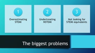 The biggest problems
Overestimating
STEMI
1
Undertreating
NSTEMI
2
Not looking for
STEMI equivalents
3
 