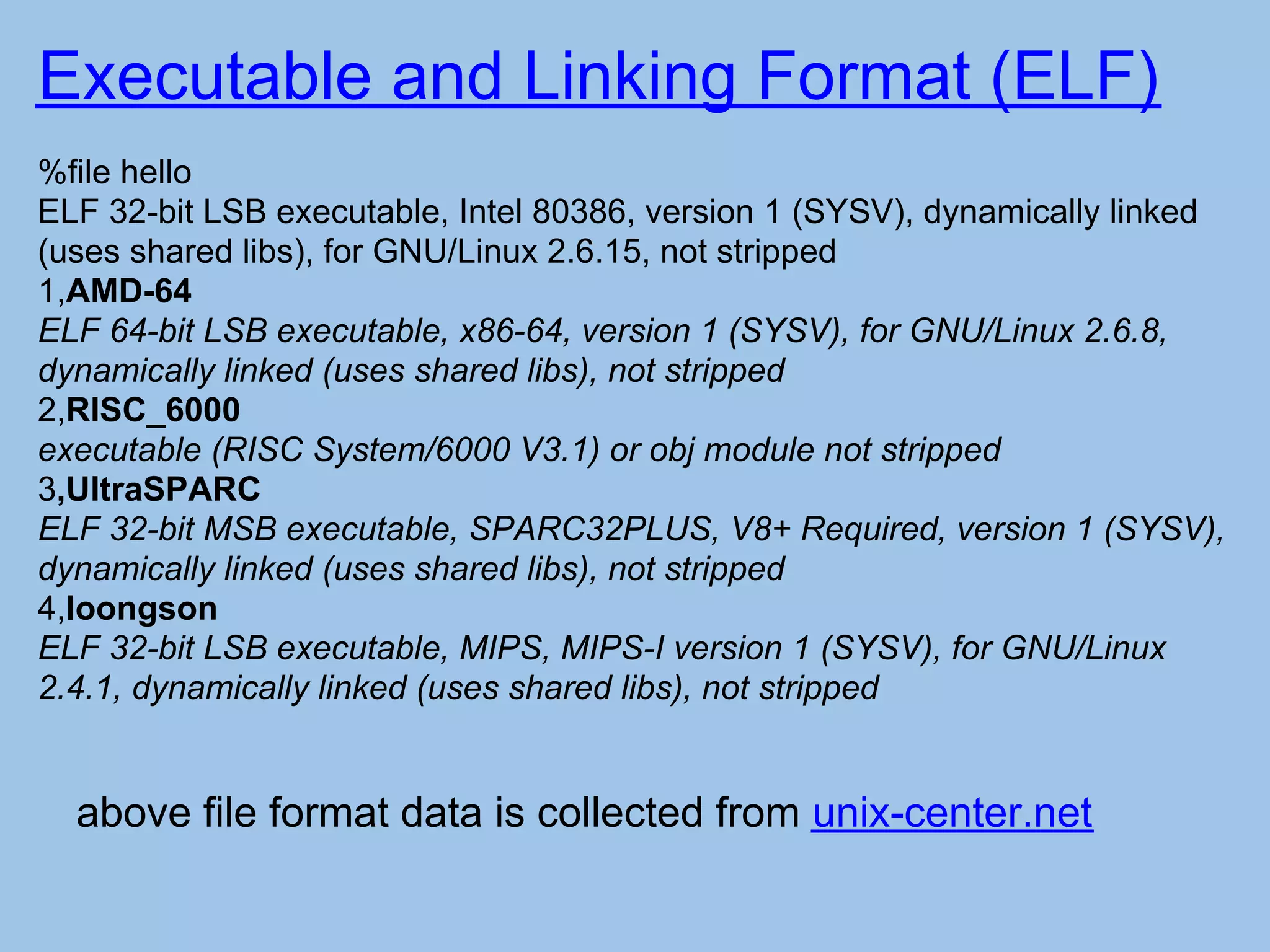 Executable and Linking Format (ELF)
%file hello
ELF 32-bit LSB executable, Intel 80386, version 1 (SYSV), dynamically linked
(uses shared libs), for GNU/Linux 2.6.15, not stripped
1,AMD-64
ELF 64-bit LSB executable, x86-64, version 1 (SYSV), for GNU/Linux 2.6.8,
dynamically linked (uses shared libs), not stripped
2,RISC_6000
executable (RISC System/6000 V3.1) or obj module not stripped
3,UltraSPARC
ELF 32-bit MSB executable, SPARC32PLUS, V8+ Required, version 1 (SYSV),
dynamically linked (uses shared libs), not stripped
4,loongson
ELF 32-bit LSB executable, MIPS, MIPS-I version 1 (SYSV), for GNU/Linux
2.4.1, dynamically linked (uses shared libs), not stripped


  above file format data is collected from unix-center.net
 