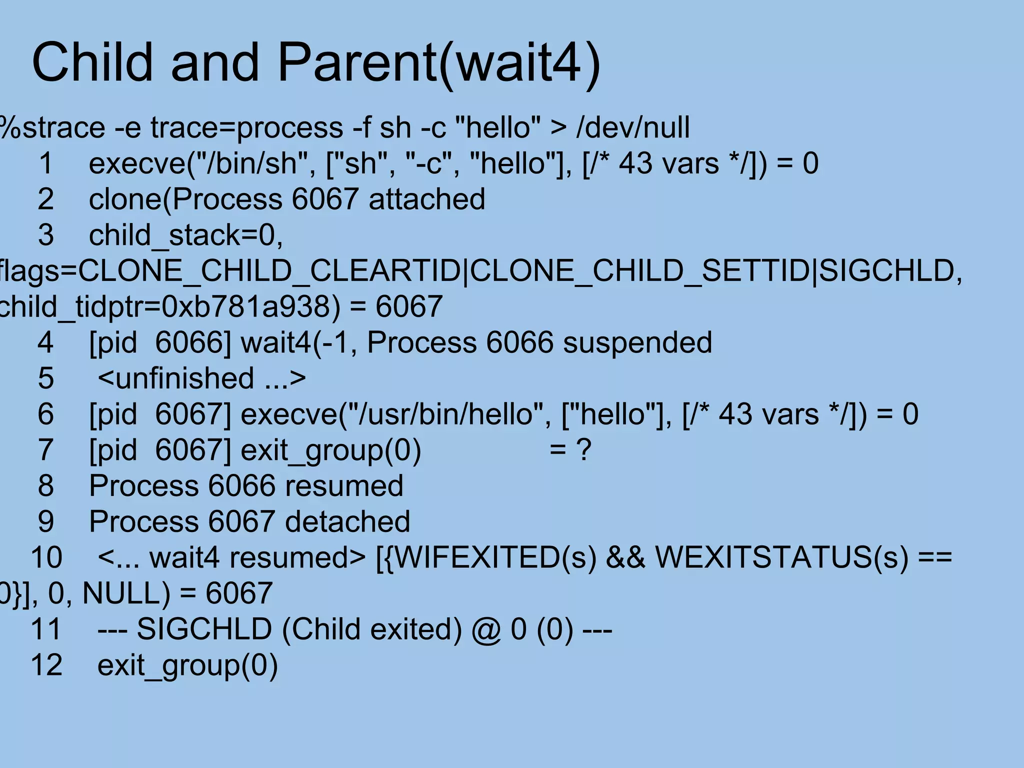 Child and Parent(wait4)
%strace -e trace=process -f sh -c "hello" > /dev/null
    1 execve("/bin/sh", ["sh", "-c", "hello"], [/* 43 vars */]) = 0
    2 clone(Process 6067 attached
    3 child_stack=0,
flags=CLONE_CHILD_CLEARTID|CLONE_CHILD_SETTID|SIGCHLD,
child_tidptr=0xb781a938) = 6067
    4 [pid 6066] wait4(-1, Process 6066 suspended
    5 <unfinished ...>
    6 [pid 6067] execve("/usr/bin/hello", ["hello"], [/* 43 vars */]) = 0
    7 [pid 6067] exit_group(0)             =?
    8 Process 6066 resumed
    9 Process 6067 detached
   10 <... wait4 resumed> [{WIFEXITED(s) && WEXITSTATUS(s) ==
0}], 0, NULL) = 6067
   11 --- SIGCHLD (Child exited) @ 0 (0) ---
   12 exit_group(0)
 