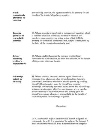 which
revocation is
prevented by
coercion
prevented by coercion, the legatee must hold the property for the
benefit of the testator's legal representative.
Transfer
pursuant to
rescindable
contract
86. Where property is transferred in pursuance of a contract which
is liable to rescission or induced by fraud or mistake, the
transferee must, on receiving notice to that effect, hold the
property for the benefit of the transferor, subject to repayment by
the latter of the consideration actually paid.
Debtor
becoming
creditor’s
representative
87. Where a debtor becomes the executor or other legal
representative of his creditor, he must hold the debt for the benefit
of the persons interested therein.
Advantage
gained by
fiduciary
88. Where a trustee, executor, partner, agent, director of a
company, legal adviser, or other person bound in a fiduciary
character to protect the interests of another person, by availing
himself of his character, gains for himself any pecuniary
advantage, or where any person so bound enters into any dealings
under circumstances in which his own interests are, or may be,
adverse to those of such other person and thereby gains for
himself a pecuniary advantage, he must hold for the benefit of
such other person the advantage so gained.
Illustrations
(a) A, an executor, buys at an undervalue from B, a legatee, his
claim under the will. B is ignorant of the value of the bequest. A
must hold for the benefit of B the difference between the price
 