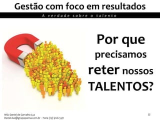 Por que
precisamos
reter nossos
TALENTOS?
Gestão com foco em resultados
A v e r d a d e s o b r e o t a l e n t o
MSc Daniel de Carvalho Luz
Daniel.luz@grupopanna.com.br - Fone (15) 9126 5571
12
 