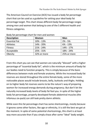 The Number On The Scale Doesn't Matter by Rok Sprogar
10
The American Council on Exercise (ACE) has issued a body fat percentage
chart that can be used as a guideline for setting your ideal body fat
percentage target. This chart shows different body fat percentage ranges
among men and women that belong to one of the 5 different health and
fitness categories.
Body fat percentage chart for men and women
Description Women Men
Essential Fat 10% - 13% 2% - 5%
Athletes 14% - 20% 6% - 13%
Fitness 21% - 24% 14% - 17%
Acceptable 25% - 31% 18% - 24%
Obesity 32% or more 25% or more
From this chart you can see that women are naturally “blessed” with a higher
percentage of “essential body fat”, which is the minimum amount of body fat
our bodies need to function properly. This is simply because of the basic
differences between male and female anatomy. While the increased body fat
reserves are stored throughout the entire female body, some of the more
noticeable places would include breasts, belly, buttocks and thighs. Holding
on to higher body fat reserves seems to be the nature’s way of preparing
women for increased energy demands during pregnancy. But don’t let the
naturally increased body levels of body fat fool you. In spite of the higher
body fat percentage, properly developed female abdominal muscles (the
infamous six-pack) can still look pretty damn athletic.
While even this fat percentage chart has some shortcomings, mostly because
it ignores some other factors, like age or ethnicity, it is still the best we got at
the moment. In spite of some potential shortcomings, this chart is at least
way more accurate than if you simply chase after some “ideal” body weight.
 