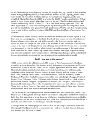 78
in his favour is life: weeping may endure for a night, but joy cometh in the morning.
6And in my prosperity I said, I shall never be moved. 7LORD, by thy favour thou
hast made my mountain to stand strong: thou didst hide thy face, and I was
troubled. 8I cried to thee, O LORD; and unto the LORD I made supplication. 9What
profit is there in my blood, when I go down to the pit? Shall the dust praise thee?
shall it declare thy truth? 10Hear, O LORD, and have mercy upon me: LORD, be
thou my helper. 11Thou hast turned for me my mourning into dancing: thou hast
put off my sackcloth, and girded me with gladness; 12To the end that my glory may
sing praise to thee, and not be silent. O LORD my God, I will give thanks unto thee
for ever.
No matter what comes our way, we can stand in the word of God. We can rejoice in our
tears and we can sing praises to the Lord despite all that comes our way. Sometimes we
look at others for direction, we look within ourselves for direction, and we look every
where for direction except the best place of all. We need to look to God for our direction.
Jesus is the way to all things eternal and all things that are the best way. God is the only
way to succeed in this life and live all eternity in joy and happiness. It does not matter
what those around us do, for our joy comes from the Lord. Our night of pain/suffering
can be years and years, but when joy comes, all that pain/suffering is gone and reduced
to mere thoughts for the joy of the Lord is worth all the suffering of this world.
Faith – Are you in the number?
3,000 people on the day of Pentecost, 5,000 people in Acts 4, Aaron, Abel, Abraham,
Amaziah, Andrew, Barnabas, Bartimaeus, Caleb, Colossians, Congregations at Thyatira,
Corinthians, Crispus, Daniel, David, Elijah, Eliphaz, Ephesians, Eunice, Ezra, Gideon,
Hannah, Hezekiah, Jacob, Hairus, James, Jews at Jerusalem, Jews at Rome, Job,
Jochebed, John, Jonathan, Joseph, Joseph & Mary, Joshua and the people of Israel,
Lois, Lydia, Manoah’s wife, Mary – the sister of Martha, Martha, Mordecai, Moses,
Nathanael, Ninevites, Noah, Nobleman whose child was sick, People of Joppa, People of
Lydda, Peter, Philemon, Philip, Philippian jailor, Rahab, Samaritan leper, Sick people of
Gennesaret, Simeon, Stephen, Syrophoenician woman, The Disciples, The Ethiopian
Eunuch, Thessalonians, Those who brought the sick, possessed and afflicted to Jesus,
Three Hebrew Boys, Timothy, Two blind men, Widow of Zarephath, Wise Men, Woman
who anointed Jesus’ feet, Woman with the issues of blood.
The list above is a list of people in the bible who exercised faith in the Lord/Jesus. They
trusted God to bring them through, deliver on promises and just do as He said. They had
faith that God was going to bring them out of whatever situation that they are in. God is
so good to us that we must keep the faith and know that though things may look bleak, it
is in the plan of God and He will bring it about for His glory.
Although there are several people on this list that are amazing in their faith, there are
three people that I just relate to so much more as I look over the list: Joseph, Job, and
the Woman with the issue of blood.
 