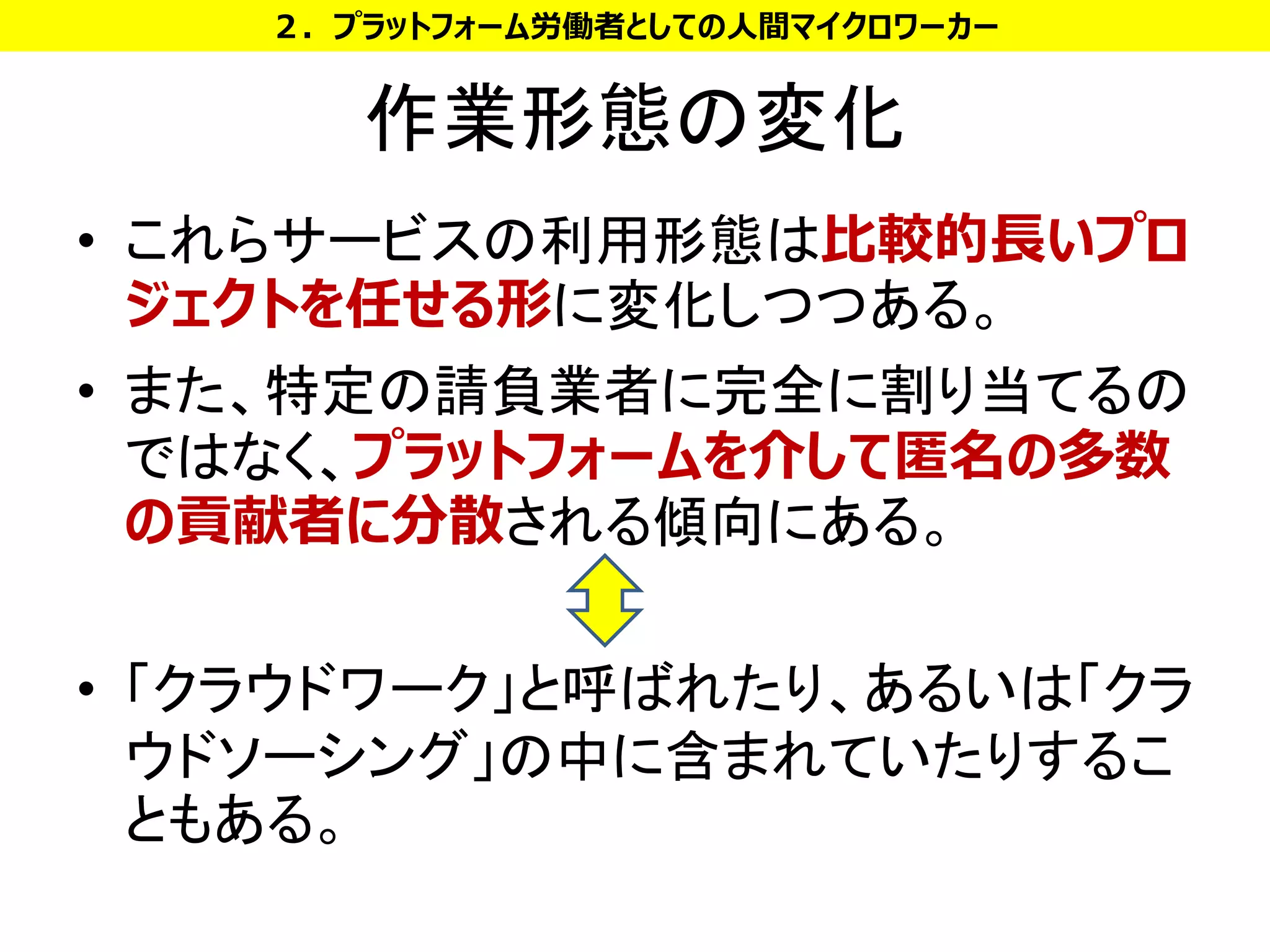 作業形態の変化
• これらサービスの利用形態は比較的長いプロ
ジェクトを任せる形に変化しつつある。
• また、特定の請負業者に完全に割り当てるの
ではなく、プラットフォームを介して匿名の多数
の貢献者に分散される傾向にある。
• 「クラウドワーク」と呼ばれたり、あるいは「クラ
ウドソーシング」の中に含まれていたりするこ
ともある。
２．プラットフォーム労働者としての人間マイクロワーカー
 