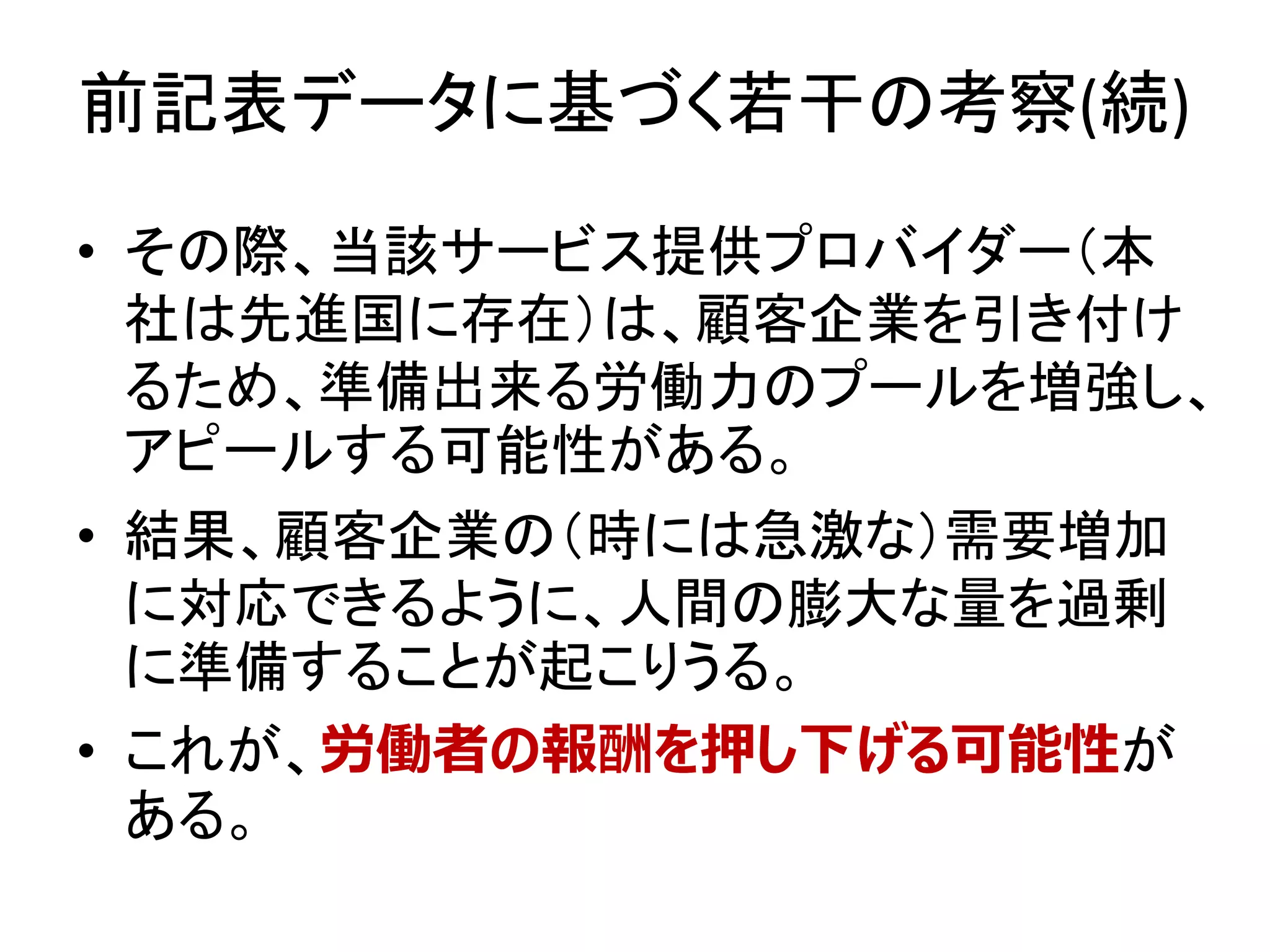 前記表データに基づく若干の考察(続)
• その際、当該サービス提供プロバイダー（本
社は先進国に存在）は、顧客企業を引き付け
るため、準備出来る労働力のプールを増強し、
アピールする可能性がある。
• 結果、顧客企業の（時には急激な）需要増加
に対応できるように、人間の膨大な量を過剰
に準備することが起こりうる。
• これが、労働者の報酬を押し下げる可能性が
ある。
 