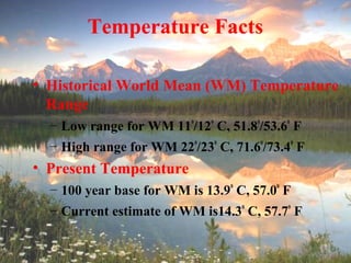 • Historical World Mean (WM) Temperature
Range
– Low range for WM 11
o
/12
o
C, 51.8
o
/53.6
o
F
– High range for WM 22
o
/23
o
C, 71.6
o
/73.4
o
F
• Present Temperature
– 100 year base for WM is 13.9
o
C, 57.0
o
F
– Current estimate of WM is14.3
o
C, 57.7
o
F
Temperature Facts
 