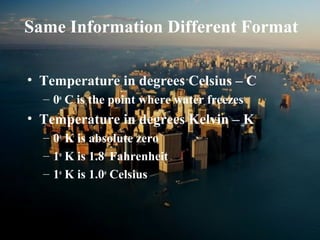 Same Information Different Format
• Temperature in degrees Celsius – C
– 0o
C is the point where water freezes
• Temperature in degrees Kelvin – K
– 0o
K is absolute zero
– 1o
K is 1.8o
Fahrenheit
– 1o
K is 1.0o
Celsius
 