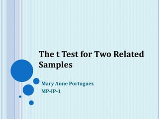 Mary Anne Portuguez
MP-IP-1
The t Test for Two Related
Samples
 