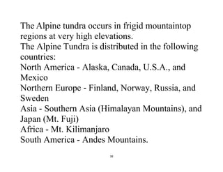 38
The Alpine tundra occurs in frigid mountaintop
regions at very high elevations.
The Alpine Tundra is distributed in the following
countries:
North America - Alaska, Canada, U.S.A., and
Mexico
Northern Europe - Finland, Norway, Russia, and
Sweden
Asia - Southern Asia (Himalayan Mountains), and
Japan (Mt. Fuji)
Africa - Mt. Kilimanjaro
South America - Andes Mountains.
 