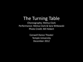 The Turning Table
Choreography: Melisa Clark
Performance: Melisa Clark & Sara Witkowski
Photo Credit: Bill Hebert
Conwell Dance Theater
Temple University
December 2012
 