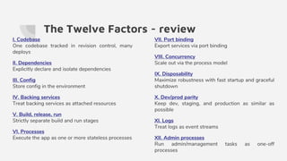 The Twelve Factors - review
I. Codebase
One codebase tracked in revision control, many
deploys
II. Dependencies
Explicitly declare and isolate dependencies
III. Config
Store config in the environment
IV. Backing services
Treat backing services as attached resources
V. Build, release, run
Strictly separate build and run stages
VI. Processes
Execute the app as one or more stateless processes
VII. Port binding
Export services via port binding
VIII. Concurrency
Scale out via the process model
IX. Disposability
Maximize robustness with fast startup and graceful
shutdown
X. Dev/prod parity
Keep dev, staging, and production as similar as
possible
XI. Logs
Treat logs as event streams
XII. Admin processes
Run admin/management tasks as one-off
processes
 