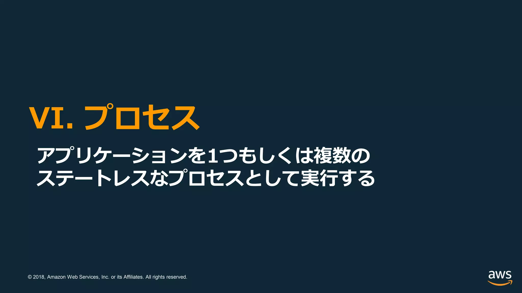 © 2018, Amazon Web Services, Inc. or its Affiliates. All rights reserved.
VI. プロセス
アプリケーションを1つもしくは複数の
ステートレスなプロセスとして実行する
 
