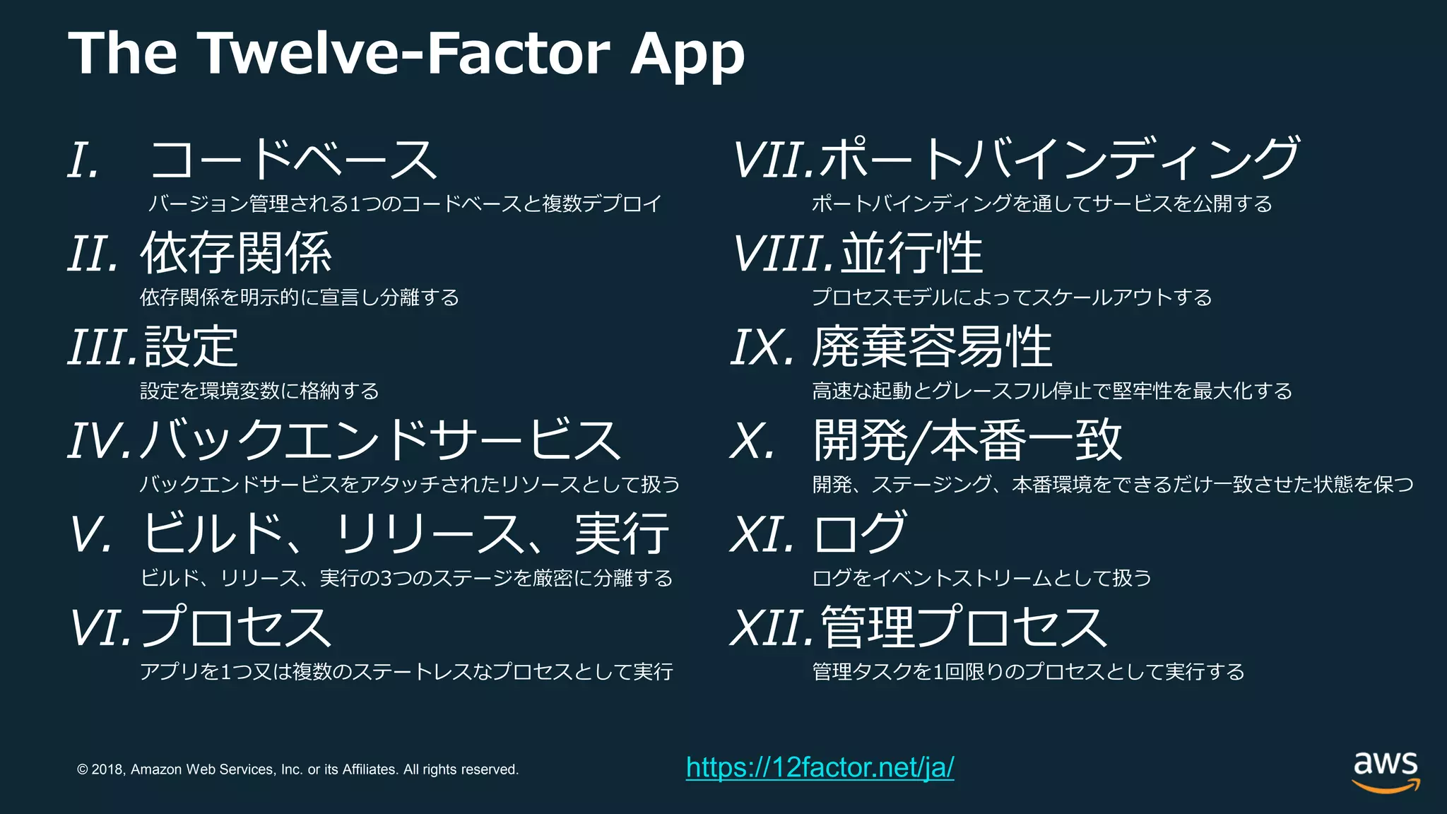© 2018, Amazon Web Services, Inc. or its Affiliates. All rights reserved.
The Twelve-Factor App
I. コードベース
バージョン管理される1つのコードベースと複数デプロイ
II. 依存関係
依存関係を明示的に宣言し分離する
III.設定
設定を環境変数に格納する
IV.バックエンドサービス
バックエンドサービスをアタッチされたリソースとして扱う
V. ビルド、リリース、実行
ビルド、リリース、実行の3つのステージを厳密に分離する
VI.プロセス
アプリを1つ又は複数のステートレスなプロセスとして実行
VII.ポートバインディング
ポートバインディングを通してサービスを公開する
VIII.並行性
プロセスモデルによってスケールアウトする
IX. 廃棄容易性
高速な起動とグレースフル停止で堅牢性を最大化する
X. 開発/本番一致
開発、ステージング、本番環境をできるだけ一致させた状態を保つ
XI. ログ
ログをイベントストリームとして扱う
XII.管理プロセス
管理タスクを1回限りのプロセスとして実行する
https://12factor.net/ja/
 