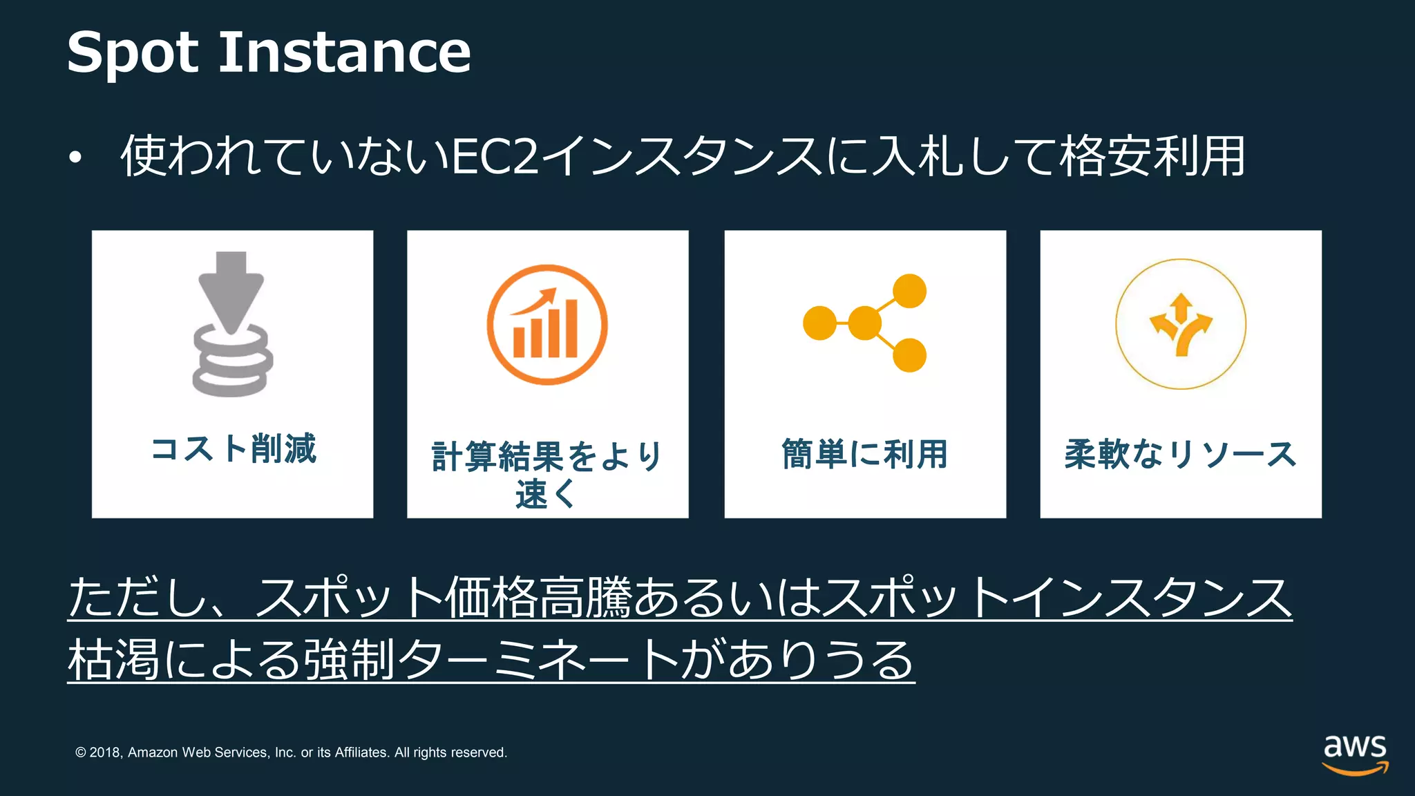 © 2018, Amazon Web Services, Inc. or its Affiliates. All rights reserved.
Spot Instance
• 使われていないEC2インスタンスに入札して格安利用
ただし、スポット価格高騰あるいはスポットインスタンス
枯渇による強制ターミネートがありうる
コスト削減 計算結果をより
速く
簡単に利用 柔軟なリソース
 