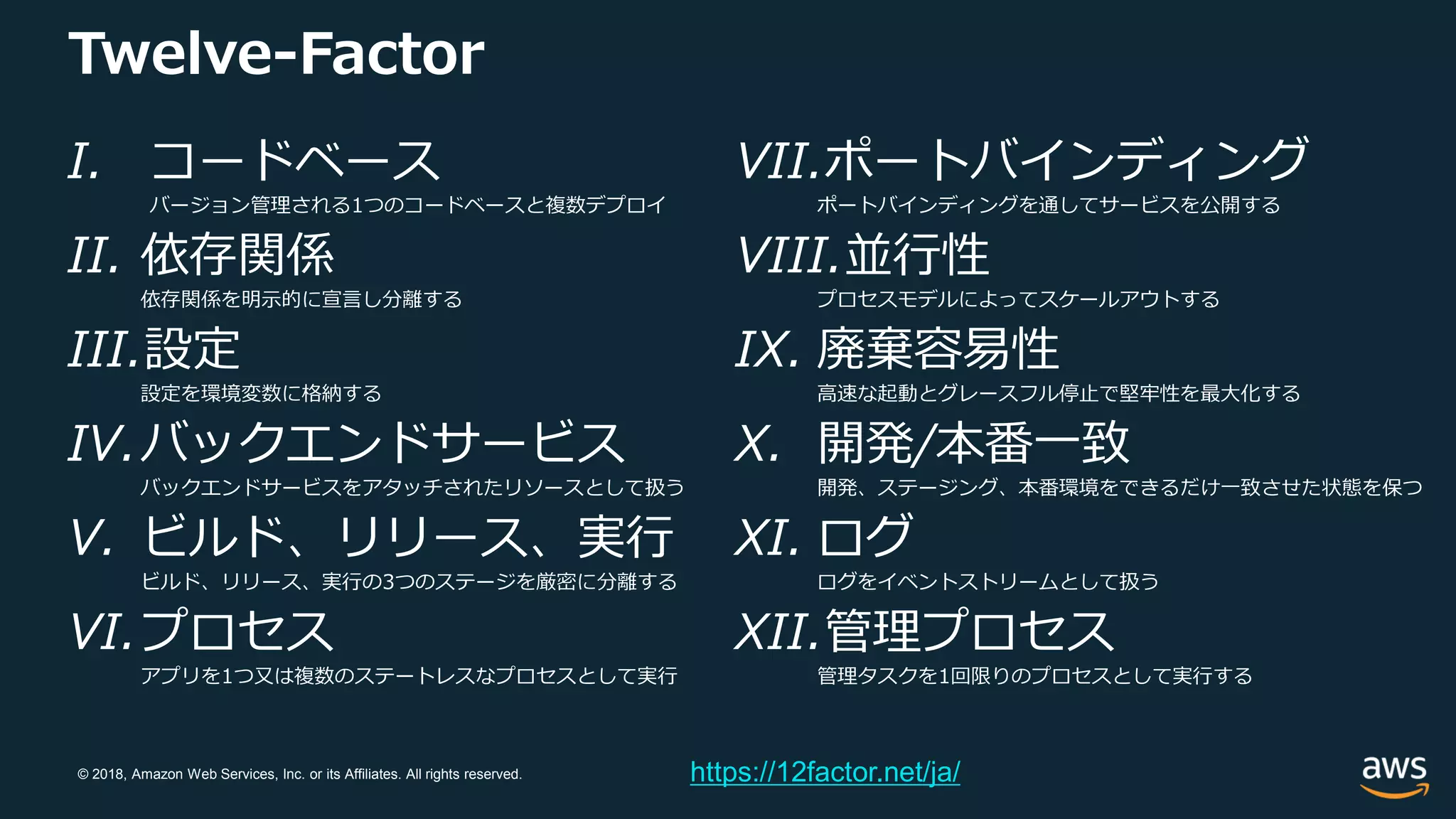 © 2018, Amazon Web Services, Inc. or its Affiliates. All rights reserved.
Twelve-Factor
I. コードベース
バージョン管理される1つのコードベースと複数デプロイ
II. 依存関係
依存関係を明示的に宣言し分離する
III.設定
設定を環境変数に格納する
IV.バックエンドサービス
バックエンドサービスをアタッチされたリソースとして扱う
V. ビルド、リリース、実行
ビルド、リリース、実行の3つのステージを厳密に分離する
VI.プロセス
アプリを1つ又は複数のステートレスなプロセスとして実行
VII.ポートバインディング
ポートバインディングを通してサービスを公開する
VIII.並行性
プロセスモデルによってスケールアウトする
IX. 廃棄容易性
高速な起動とグレースフル停止で堅牢性を最大化する
X. 開発/本番一致
開発、ステージング、本番環境をできるだけ一致させた状態を保つ
XI. ログ
ログをイベントストリームとして扱う
XII.管理プロセス
管理タスクを1回限りのプロセスとして実行する
https://12factor.net/ja/
 